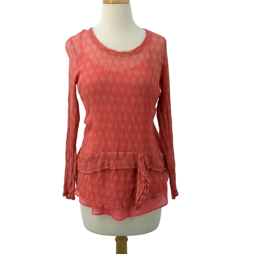 Sundance Coral Silk Crinkle Peplum Blouse Long Sleeve Medallion Print Large